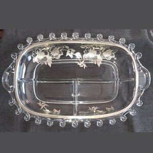 Vintage Heisey Glass Lariat 3 Part Relish Rectangular Silver Floral Overlay